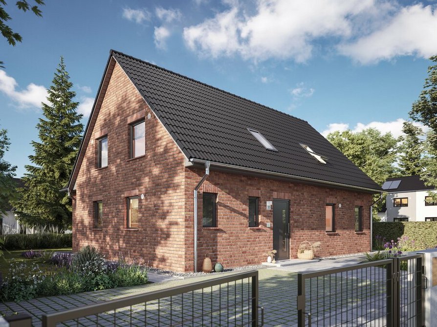 Das Zweifamilienhaus Domizil 192 in der Klinker-Variante bietet einen attraktiven Blick von der Straße aus